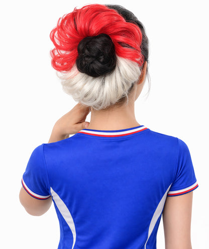 HPO Women's International Flag Hair Scrunchie Blonde and Red | Crafted from Flame-retardant Synthetic Febric | Ideal for party, Halloween, cosplay, theater, drag, performance, costume events
