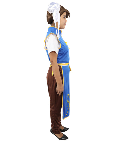 HPO Women’s Fighter Cosplay Blue and Brown Costume | Video Game Inspired Sleeveless Outfit with Top and Pant Structured Silhouette | Battle Outfit for Conventions, Parties & Roleplay