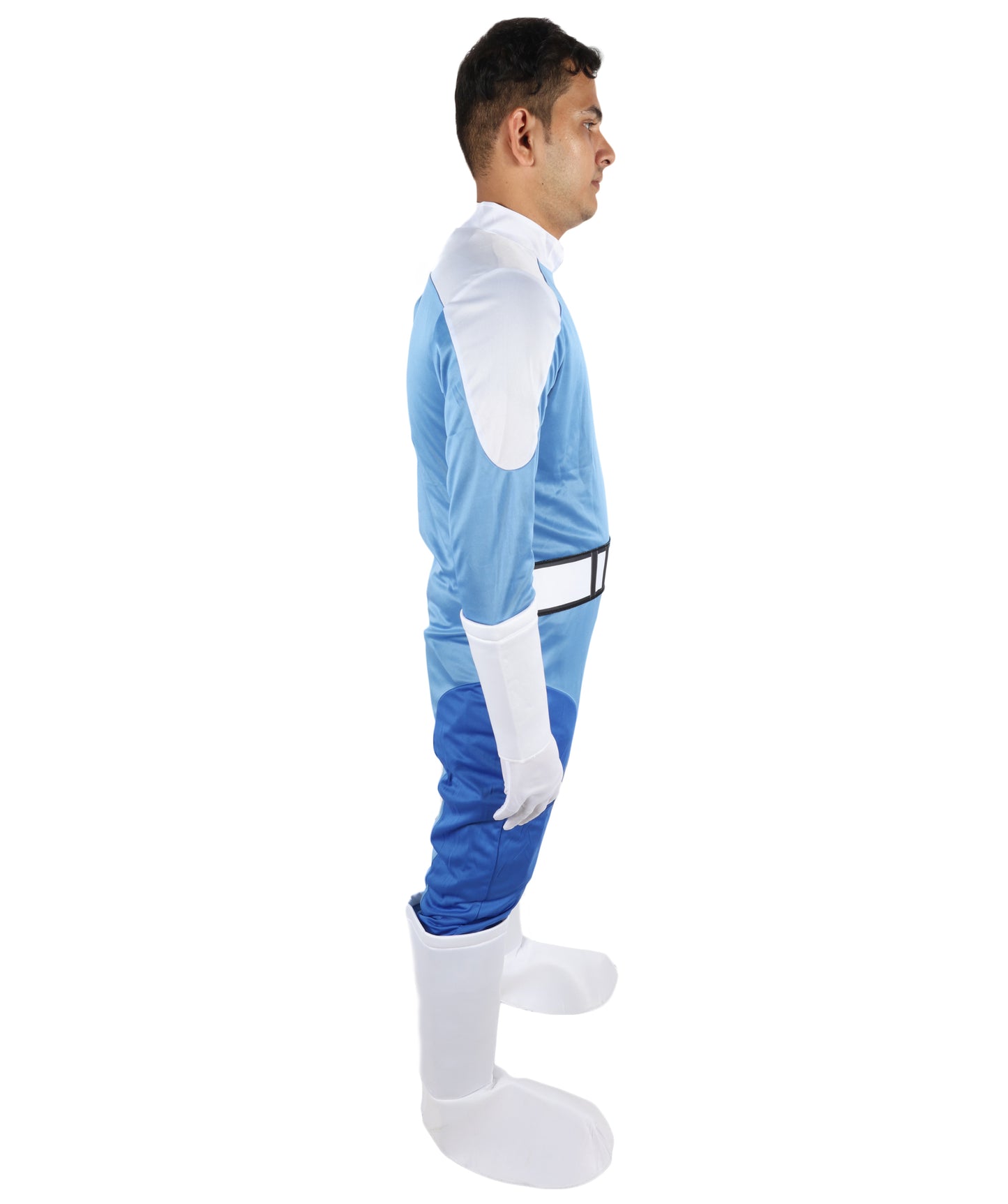 HPO Men’s Ultimate Sci-Fi Team Blue and White Costume | 3-in-1 Jersey Dress with Hand Gloves | 66.5" Length Futuristic Cosplay Outfit