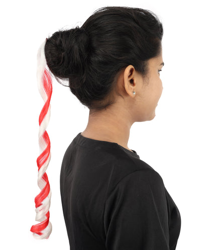 HPO Women's International Curly Hair Extension | Coiled red and white synthetic fibers featuring a twisted attachment design | Ideal for party, Halloween, cosplay, theater, drag, performance, costume events