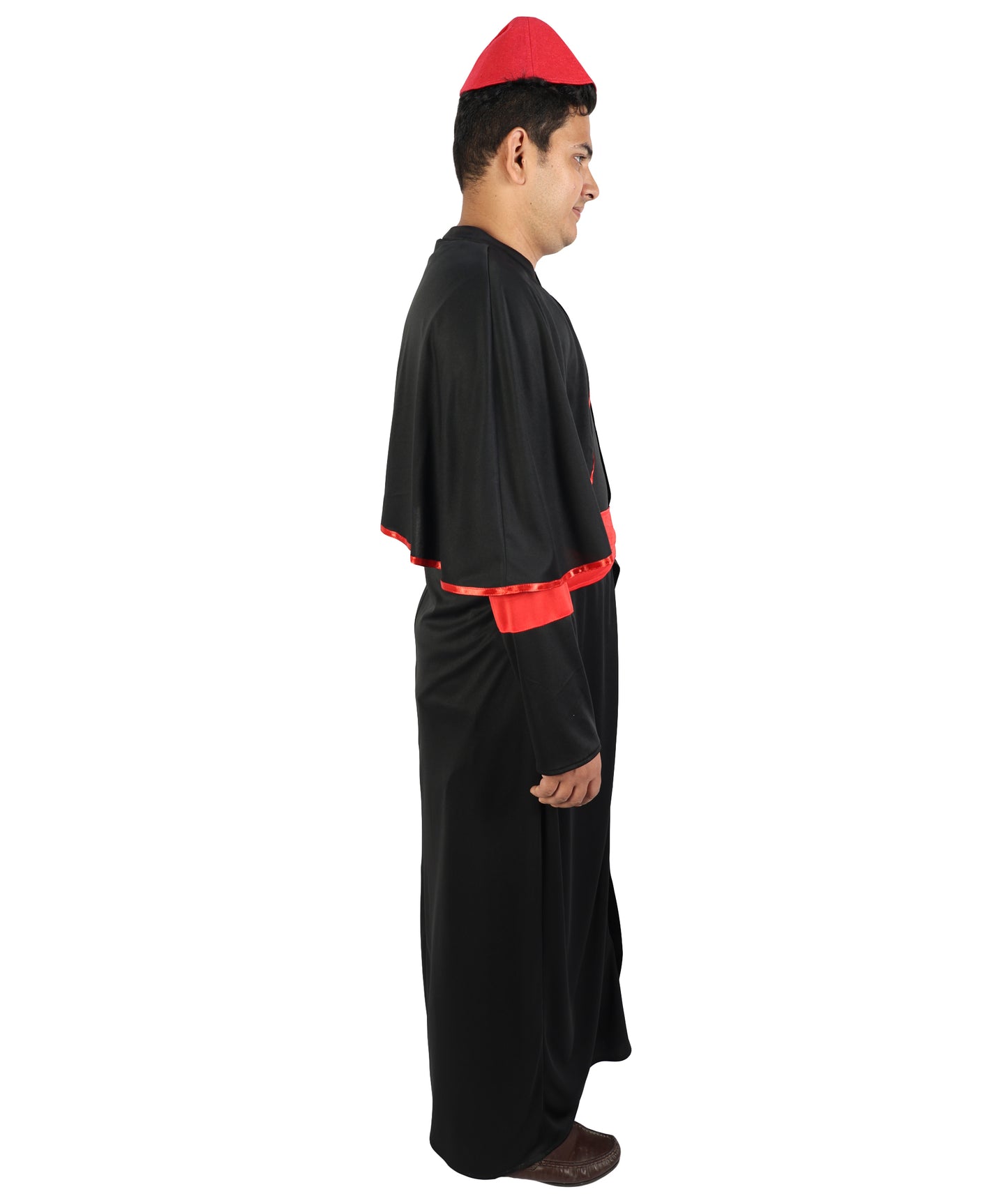 HPO  Men's Clergy Bishop Costume | Traditional Black Cassock Red Robe Sholder Cape Magenta Satin Waist Sash Matching Zucchetto Cap | Halloween Cosplay Theater Drag Performance Costume Events