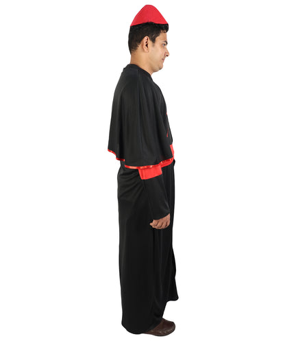 HPO  Men's Clergy Bishop Costume | Traditional Black Cassock Red Robe Sholder Cape Magenta Satin Waist Sash Matching Zucchetto Cap | Halloween Cosplay Theater Drag Performance Costume Events