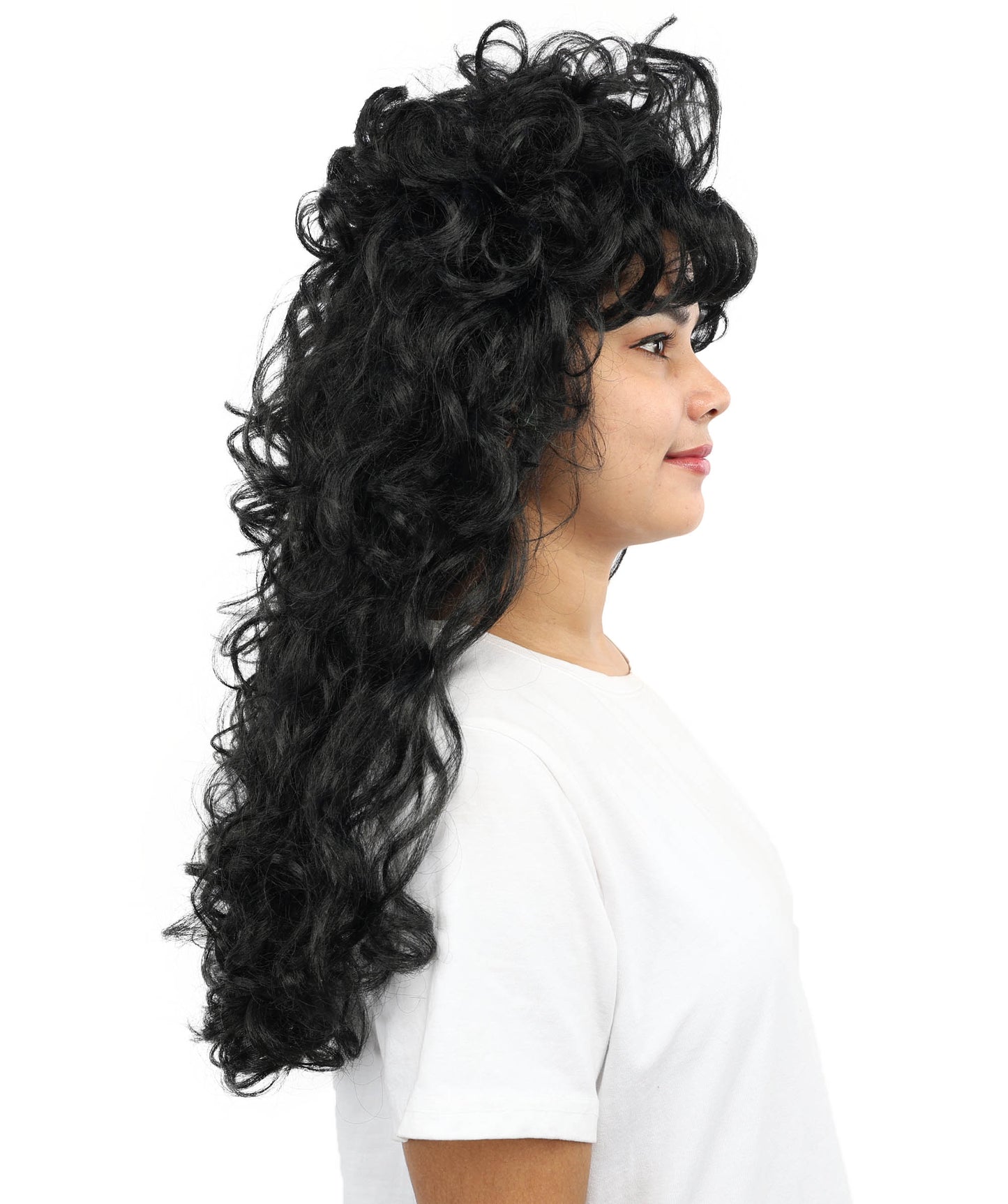HPO Women’s Long Curly Black Seduction Wig | Voluminous 80s-Inspired Costume Hairpiece for Halloween, Glam Rock, Disco, and Cosplay | Breathable Capless Cap Design