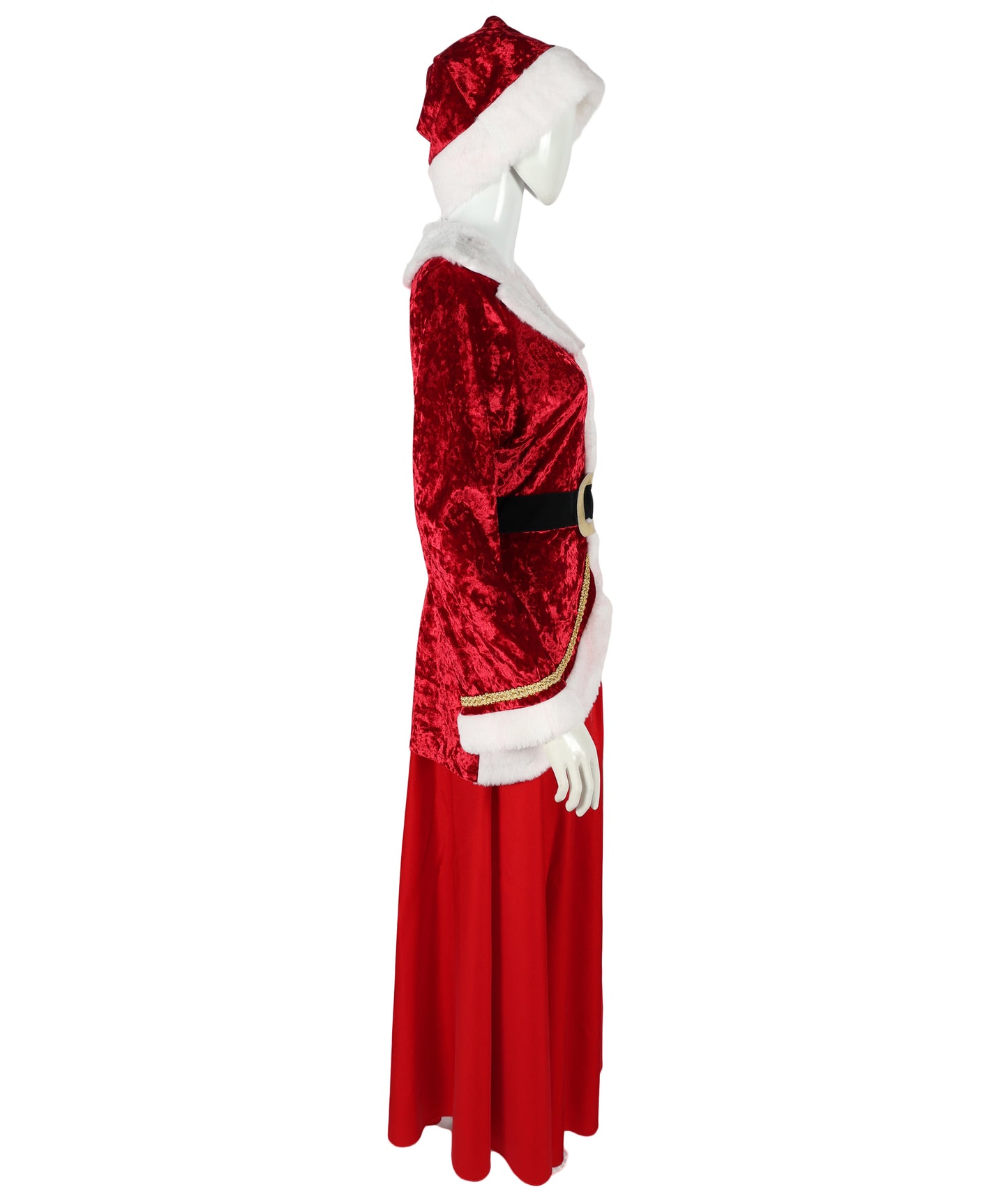 HPO Women’s Festive Holiday Costume Set | Red Velvet Dress with White Faux Fur Trim & Matching | Adjustable Fit | For Christmas Parties, Cosplay & Seasonal Events