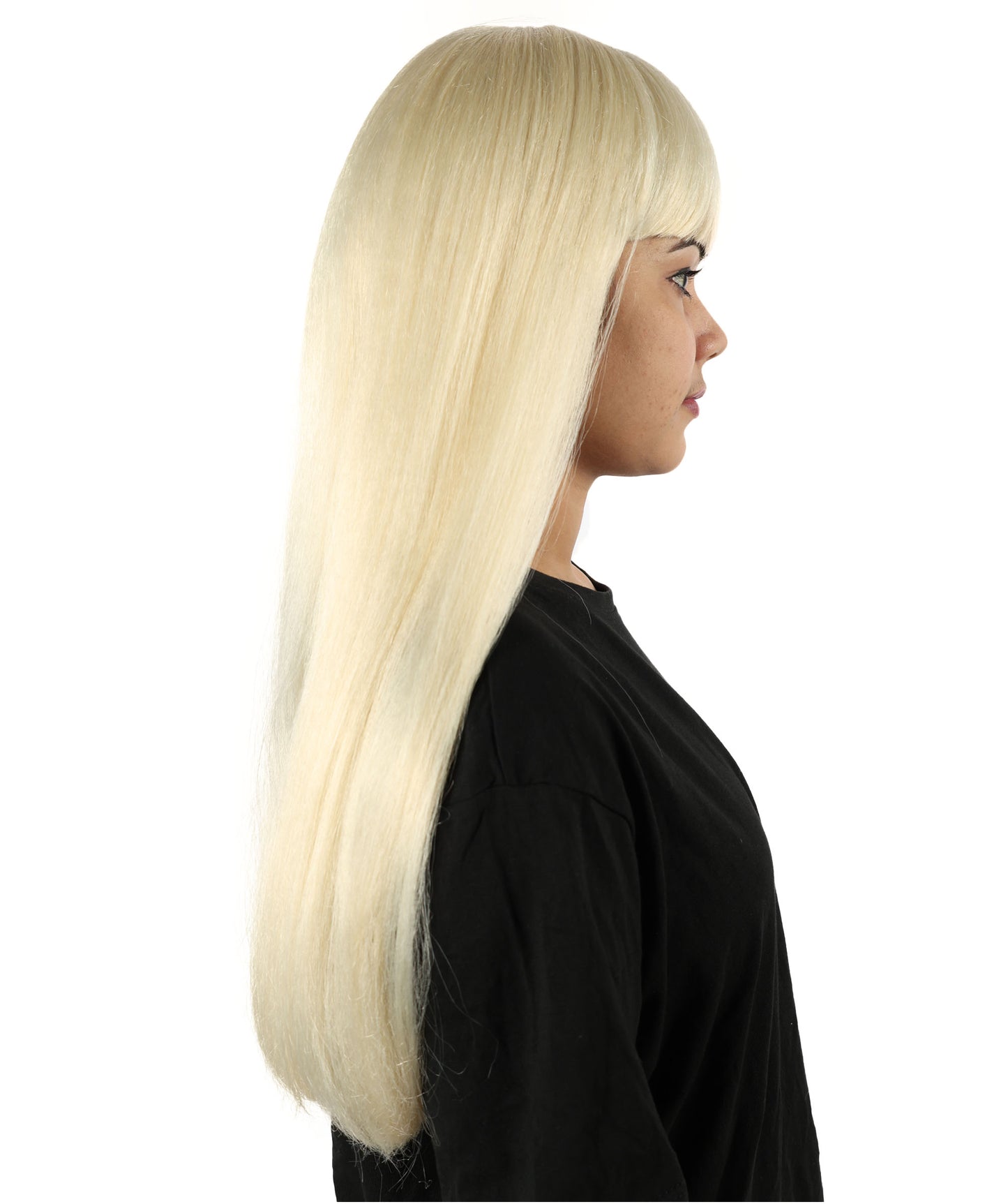 HPO Women’s Long Straight Black Wig with Bangs | Flame-retardant Synthetic Fiber | Classic Retro-Inspired Costume Hairpiece