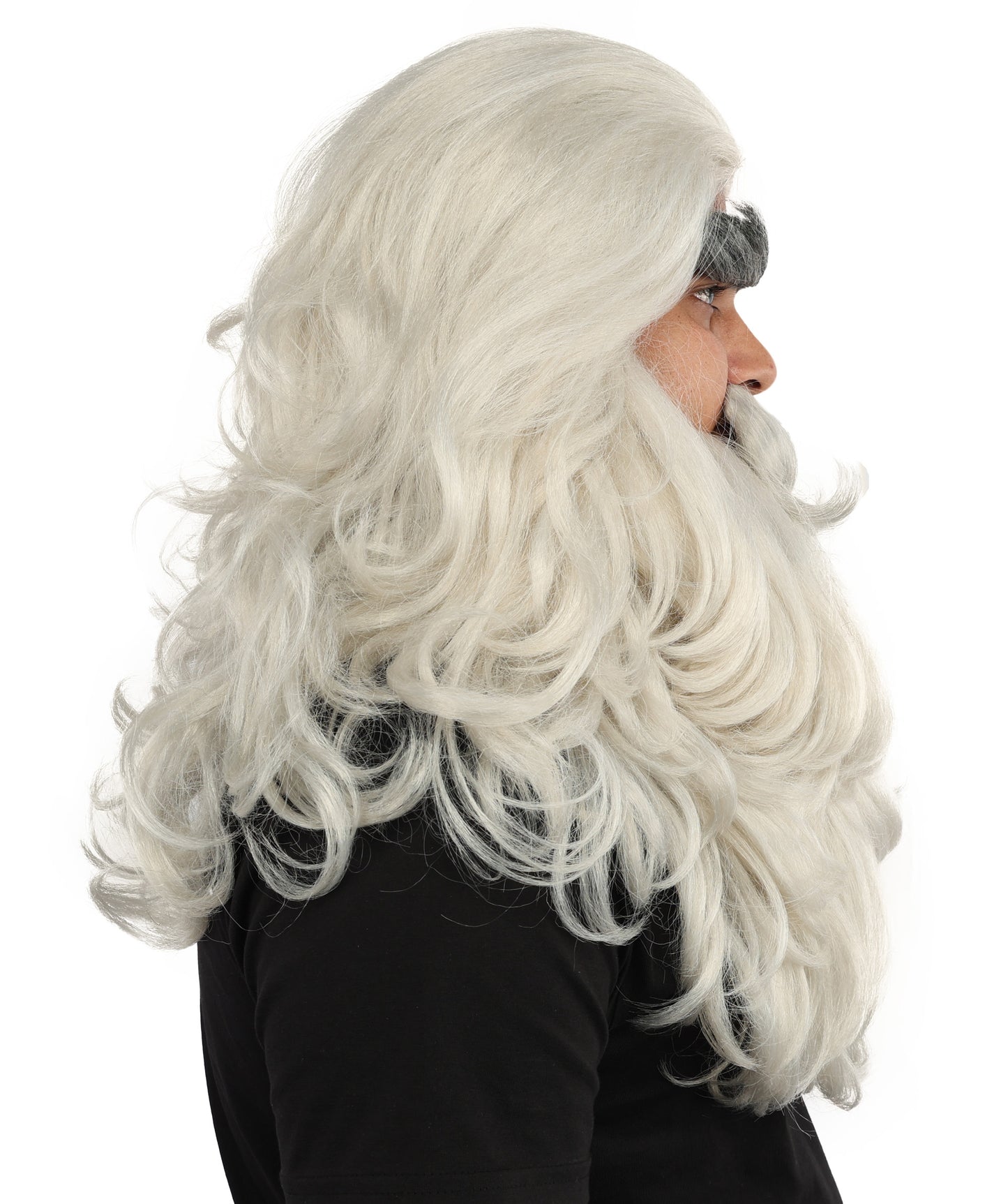 HPO Men's Long Prophet Grey Wig Mustache Beard & Eyebrow Set | Flame-Retardant Synthetic Fiber With Capless Cap | Ideal For Theater, Halloween And Cosplay