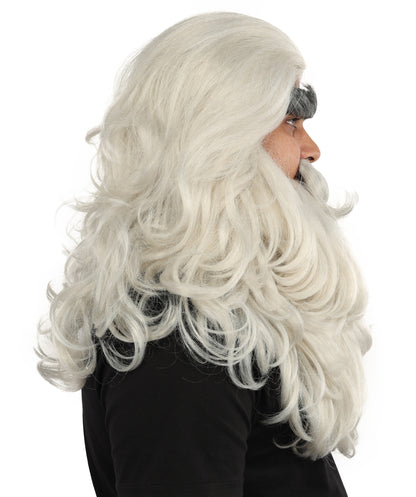 HPO Men's Long Prophet Grey Wig Mustache Beard & Eyebrow Set | Flame-Retardant Synthetic Fiber With Capless Cap | Ideal For Theater, Halloween And Cosplay