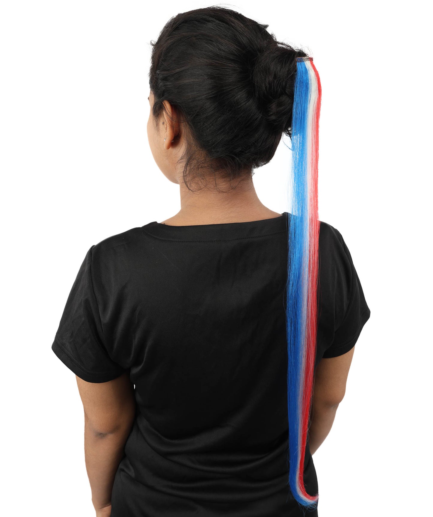 HPO Women's International Clip-in Hair Extension | Sleek red, white, and blue synthetic fibers featuring a secure snap attachment | Ideal for party, Halloween, cosplay, theater, drag, performance, costume events