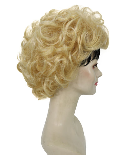 HPO Adult Women’s Golden Blonde Curly Wig with Dark Roots | High-Fashion Editorial Style | Ideal for Halloween | Breathable Capless Cap