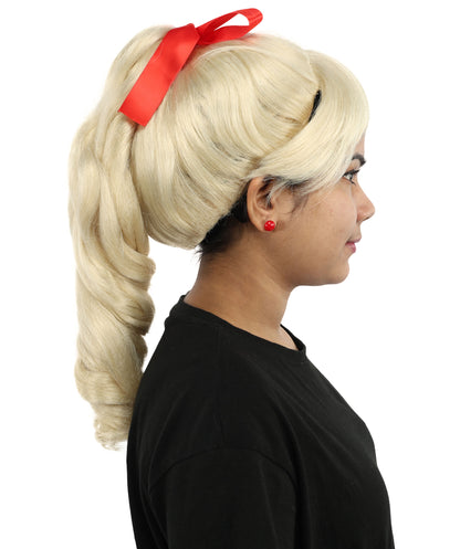HPO Women's Spiral Ponytail Wig | Multicolor Options | High Updo with Red Ribbon Bow & Bangs, Heat Friendly Synthetic Fiber & Breathable Cap | Halloween, Christmas Event, Themed Party, Theater & Roleplay