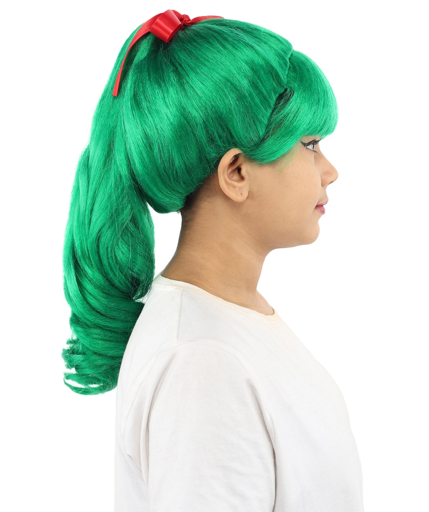 HPO Women's Spiral Ponytail Wig | Multicolor Options | High Updo with Red Ribbon Bow & Bangs, Heat Friendly Synthetic Fiber & Breathable Cap | Halloween, Christmas Event, Themed Party, Theater & Roleplay