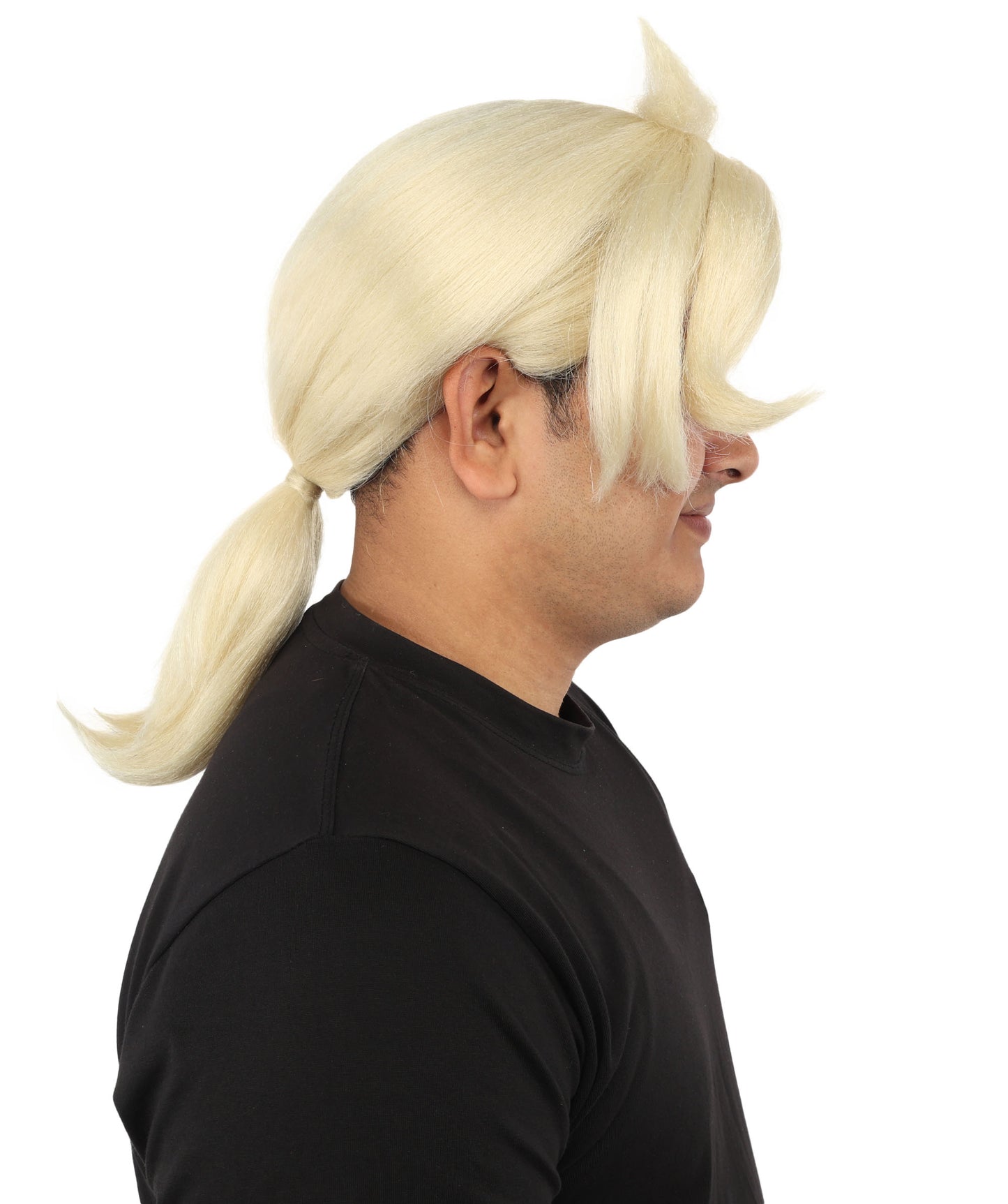 HPO Men's Golden Blonde Curtain Bang Wig | Shoulder Length Wavy Surfer Style, Heat Resistant Synthetic Fiber & Breathable Net | Halloween, Funny Roleplay, Theater, 90s Party & Costume Events