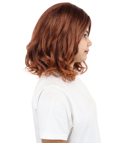 HPO Women’s Short Curly Copper Brown Wig – 13” Shoulder-Length Hairpiece with Side Part | Ideal Hairpiece for Theatre, Dress-Up, Cosplay & Character Roleplay