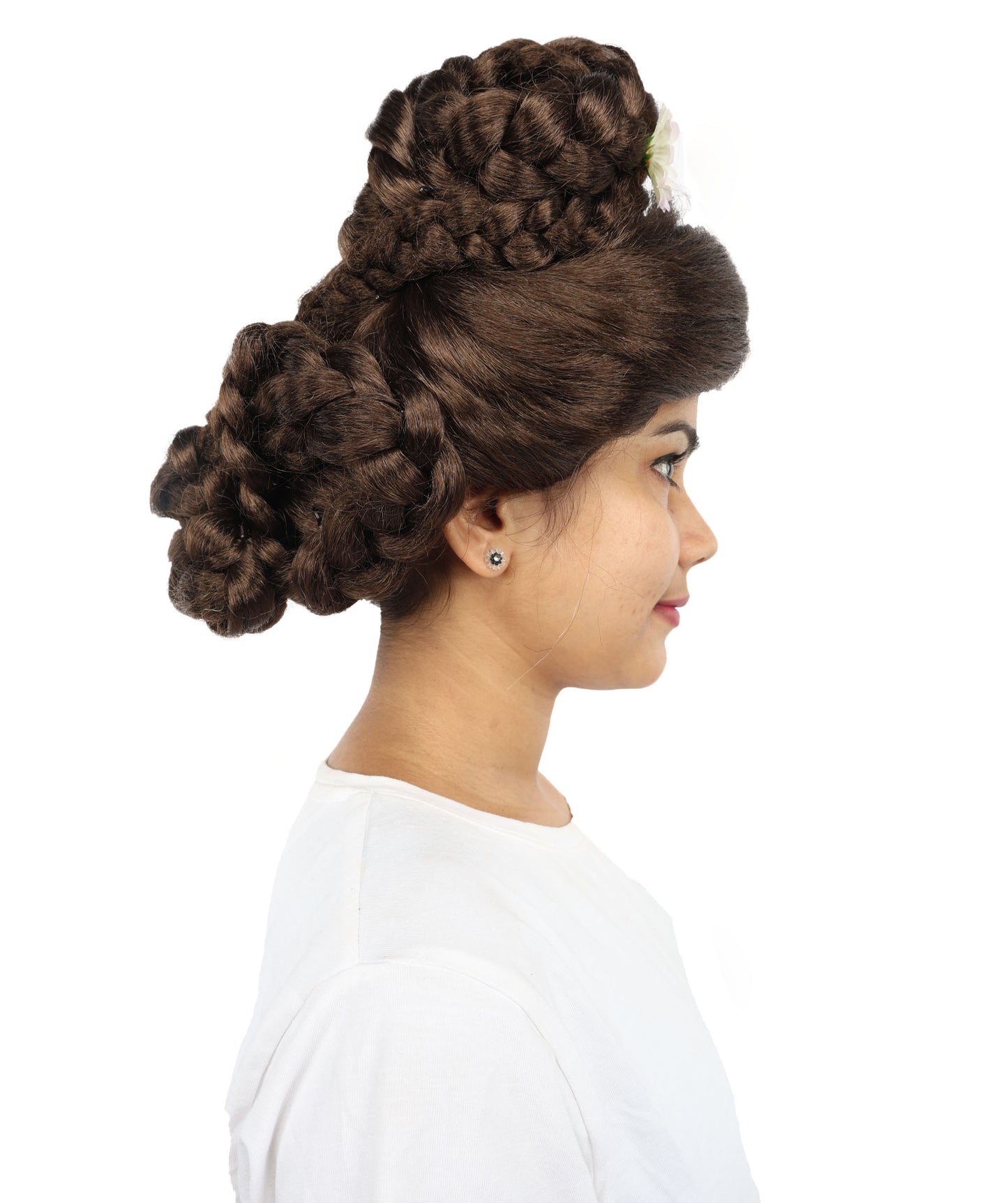 HPO Adult Women’s Elegant Brown Updo Wig | 12” Flame-Resistant Synthetic Hairpiece | Lightweight Capless Design for Halloween and Cosplay