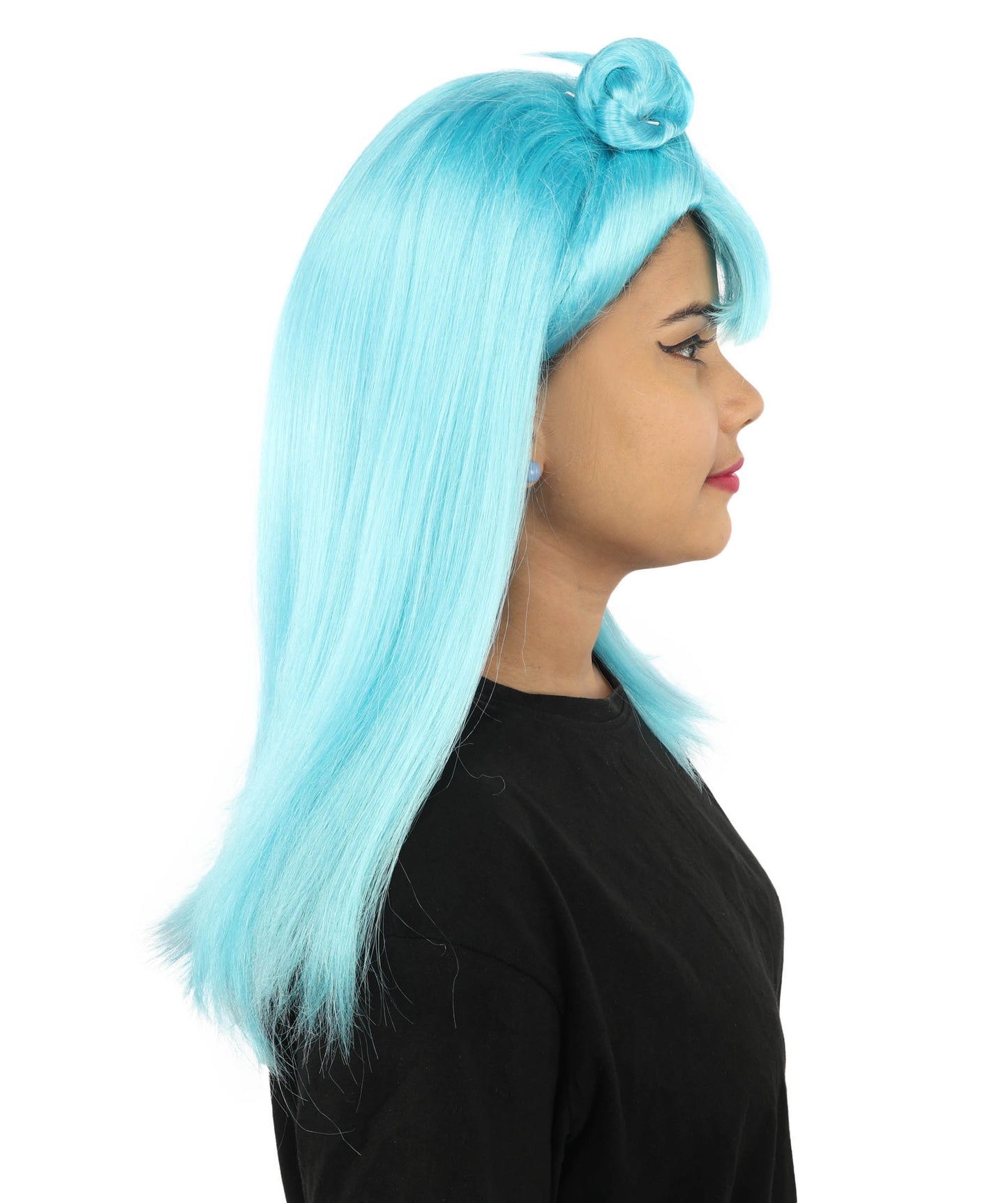 HPO Women's Brown & Pink Half Updo Bangs Wig | Create of synthetic fiber, blunt fringe with top bow, breathable base | Party, Halloween, theater, drag, performance, costume events