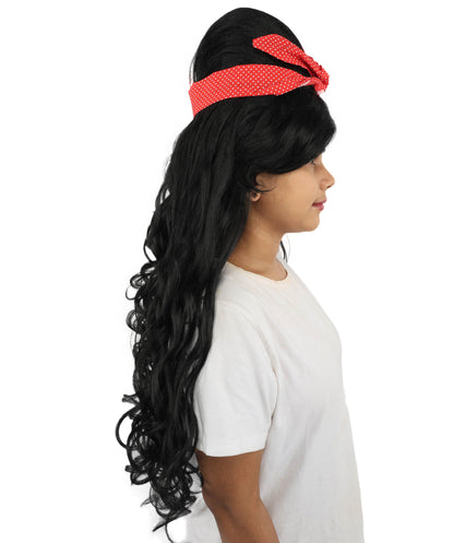 HPO Women’s Retro Beehive Wig with Red Bow | Multicolor Options | Extra Long Wavy Fancy Dress Accessory | Fancy Dress Accessory | Celebrity-Inspired Hair for Halloween, Cosplay & Music Tribute Parties