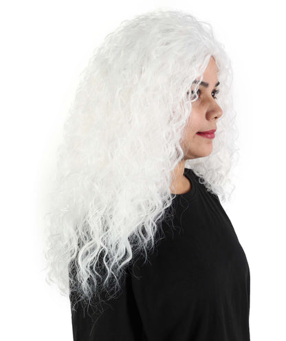 HPO Women’s 21” White Long Curly Wig | High Heat-Resistant Synthetic Costume Hairpiece | Lightweight Breathable Cap for Halloween, Cosplay & Party Dress-Up