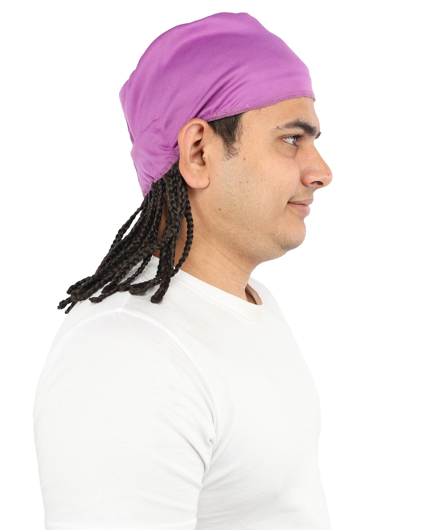 Men’s Movie Character Inspired Black Braided Wig with Purple Head Wrap Hat | Flame-retardant Synthetic Fiber | Ideal Hairpiece for Cosplay & Halloween