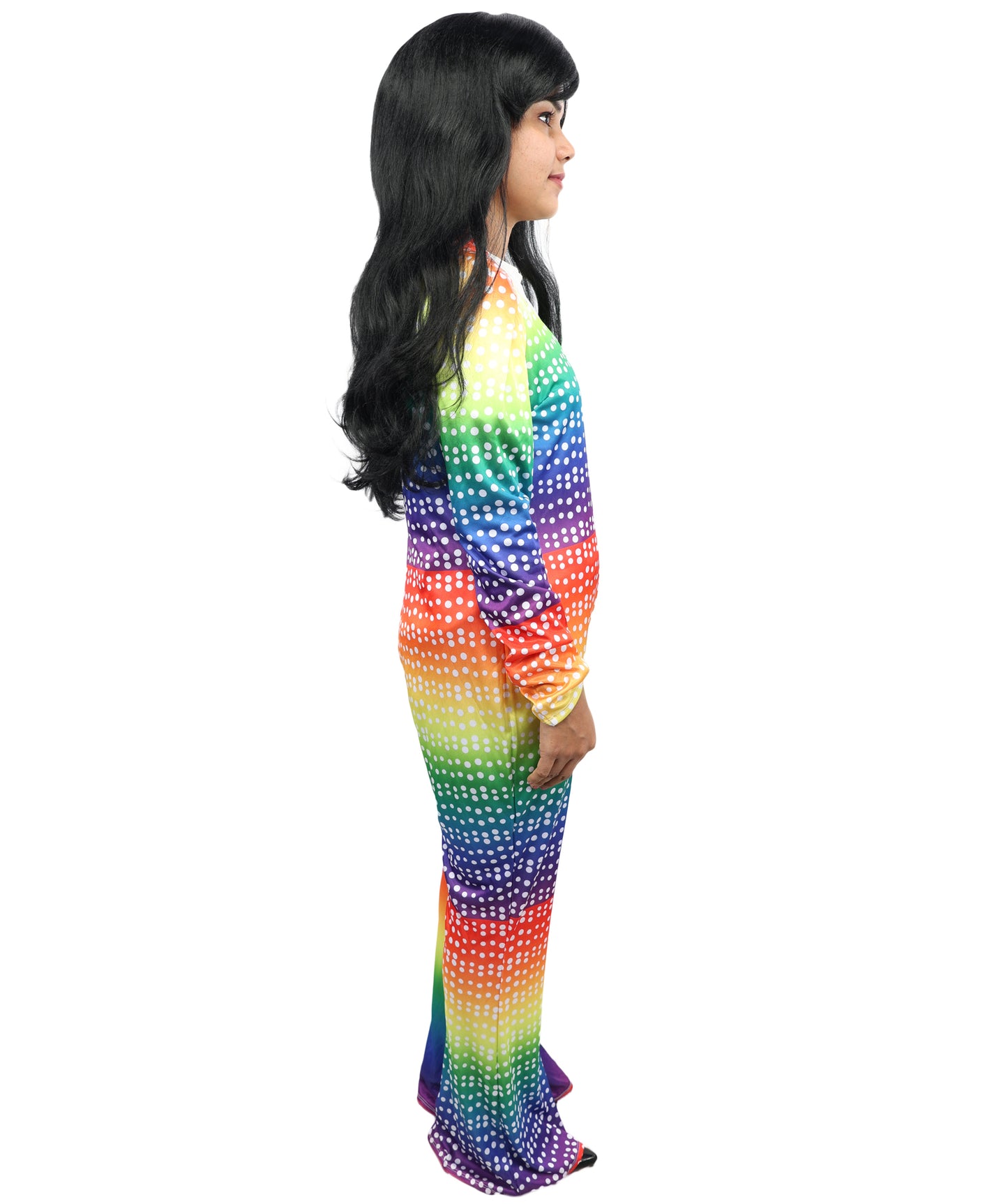 HPO Women’s Vivid Rainbow Disco Bodysuit – Multicolor Stretch Jumpsuit for Retro 70s, Funk, Festival & Dance Party Costumes | Long Sleeve Full Body Outfit with Flared Legs