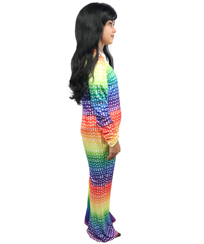 HPO Women’s Vivid Rainbow Disco Bodysuit – Multicolor Stretch Jumpsuit for Retro 70s, Funk, Festival & Dance Party Costumes | Long Sleeve Full Body Outfit with Flared Legs
