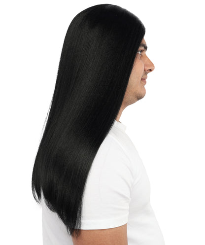 HPO Men’s Middle Part Black Straight Wig | High Heat-Resistant Synthetic Hair | Sleek Rock Star Style for Cosplay, Stage & Halloween