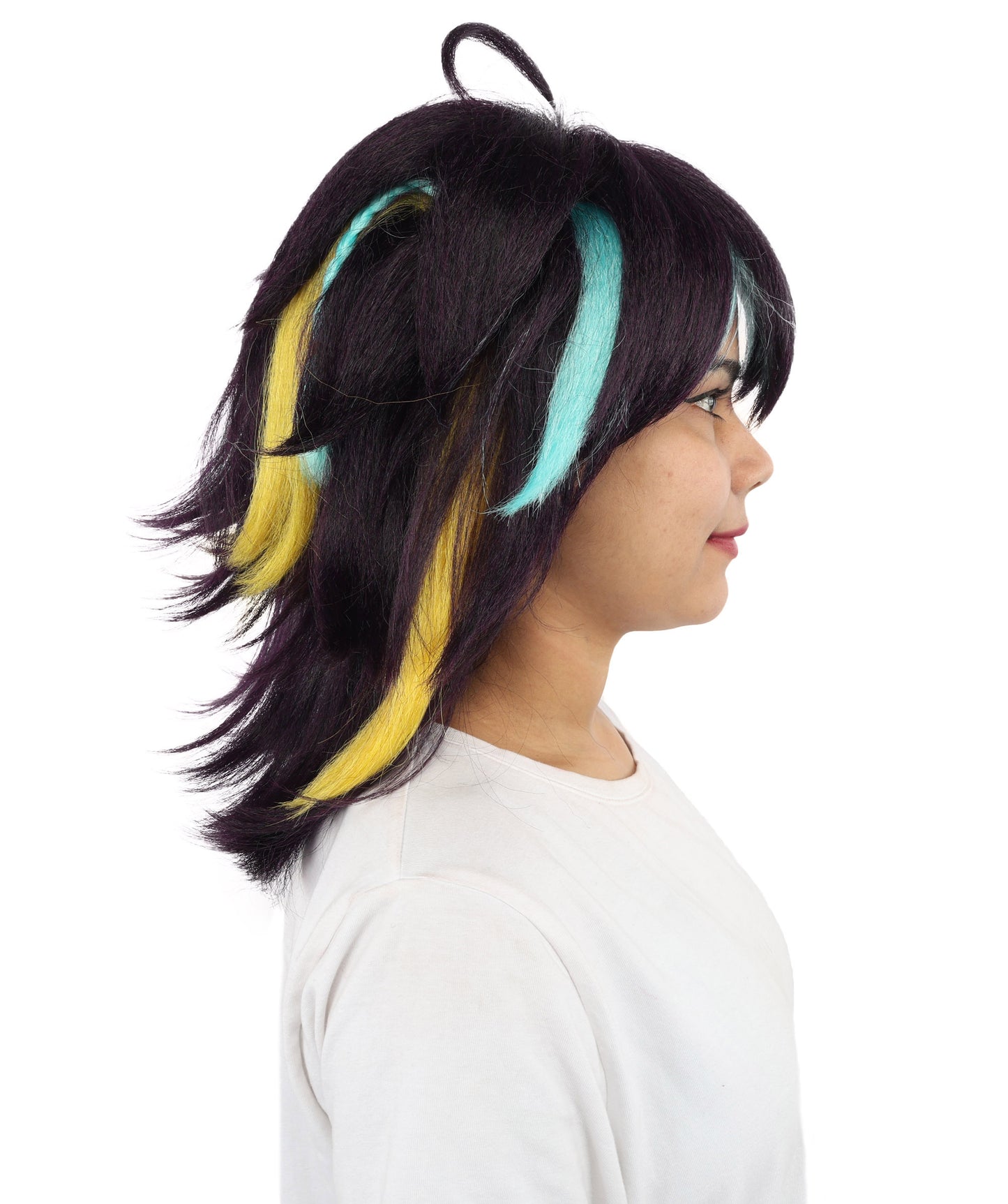 HPO Women's Medium Spiky Multicolor Color Wig | Dark Navy Synthetic Hair with Green Bangs and Amber Streaks | Halloween Roleplay and Video Game Character Style