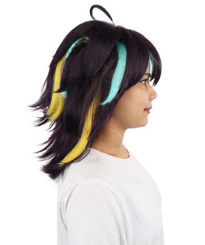 HPO Women's Medium Spiky Multicolor Color Wig | Dark Navy Synthetic Hair with Green Bangs and Amber Streaks | Halloween Roleplay and Video Game Character Style