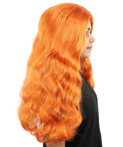 HPO Women's Long Orange Wavy Wig | Center Parted Ginger Curls with Voluminous Ends, Heat Resistant Synthetic Fiber & Breathable Cap | Halloween, Teen Roleplay, Theater, Themed Party & Costume Events