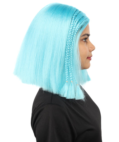 HPO Celebrity-Style 11 Inch Green Rooted Blonde Front Braided Straight Wig | Shoulder-Length Fun, Bold, and Stylish Hairpiece  | Ideal for Halloween, Cosplay, and Themed Parties