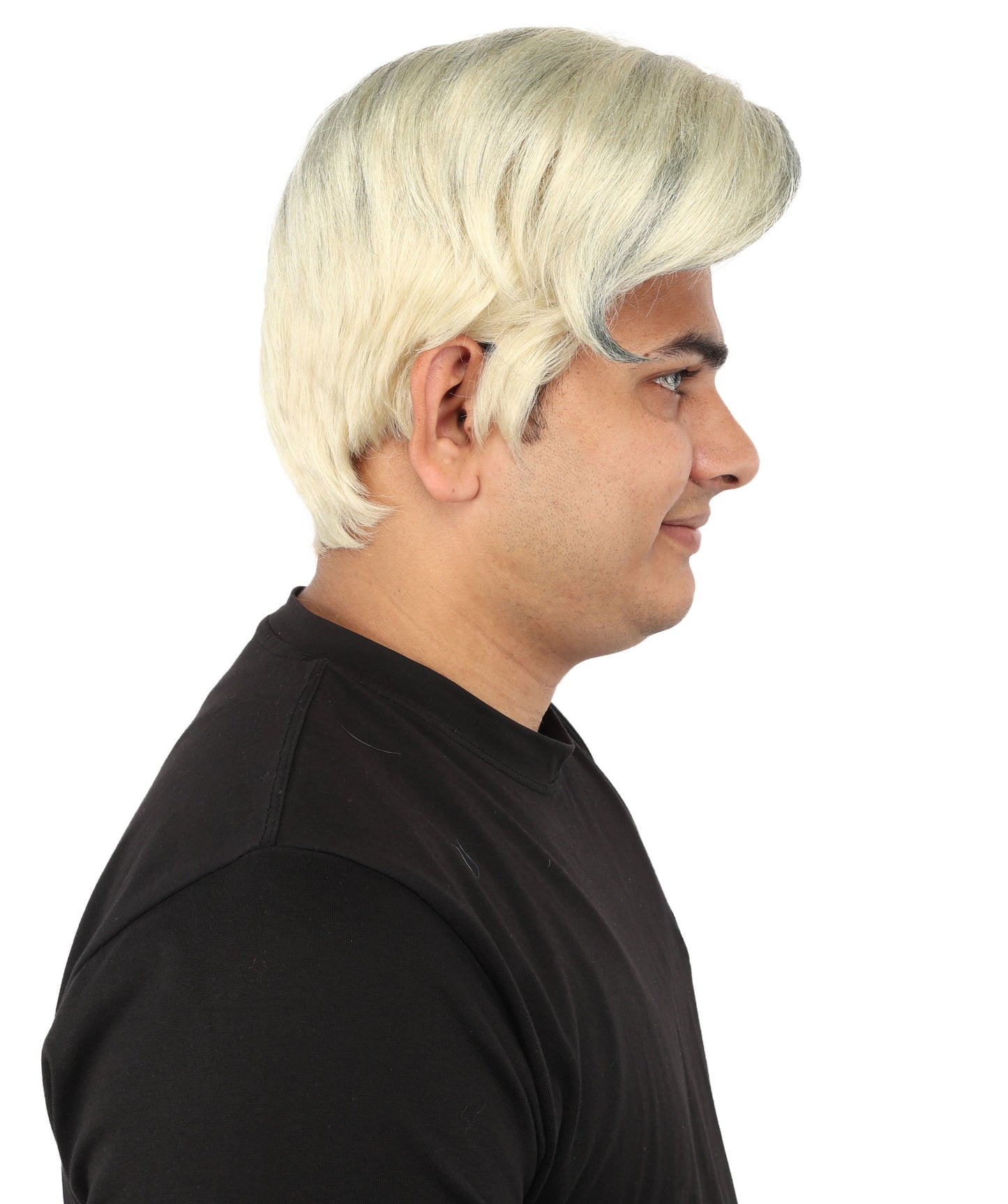 HPO Men's Sleek Updo Theatrical Wig | Icy silver tone, create of synthetic fiber, striking swept front volume, breathable base | Party, Halloween, theater, drag, performance, costume events