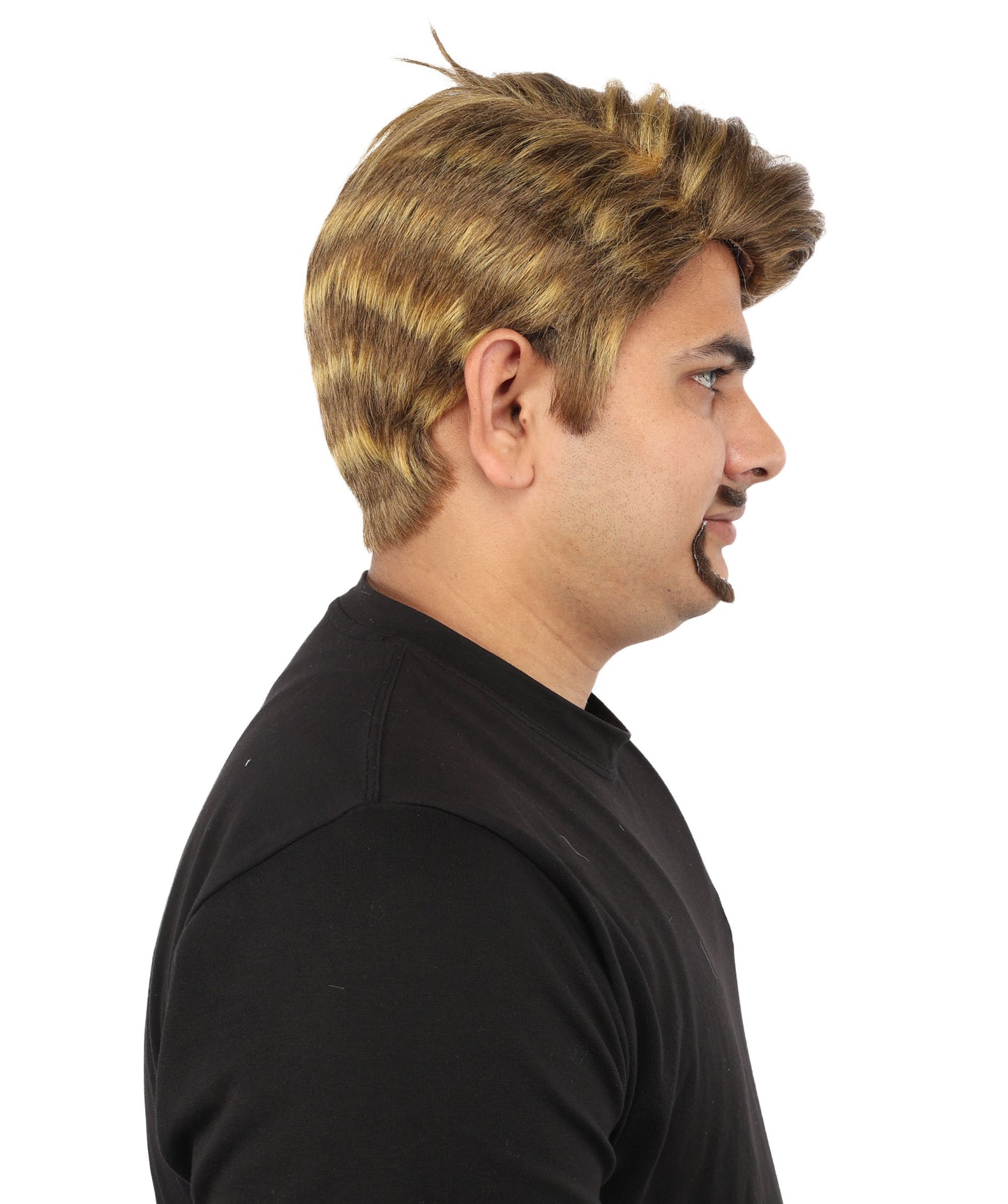 HPO Men's Detective Side-Part Wig Beard & Mustache | Sandy brown with golden highlights, create of synthetic fiber, sleek swept-side volume, breathable capless cap |