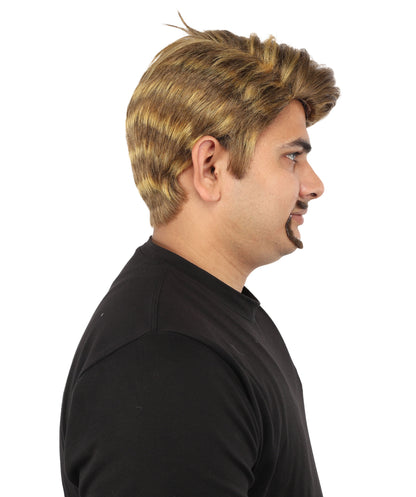 HPO Men's Detective Side-Part Wig Beard & Mustache | Sandy brown with golden highlights, create of synthetic fiber, sleek swept-side volume, breathable capless cap |