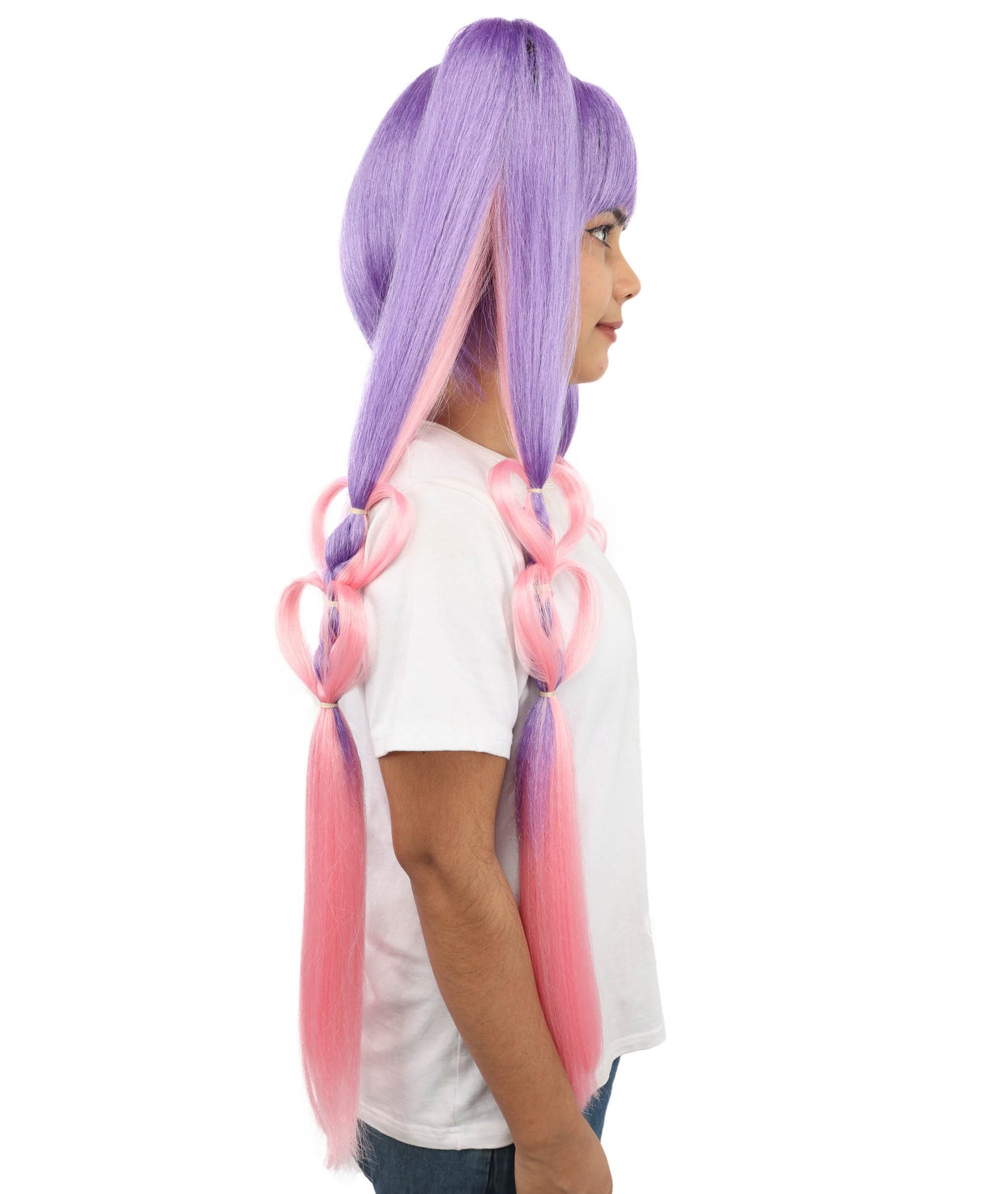 HPO Women's Heart Pigtail Character Wig | Dual-tone purple and pink, create of synthetic fiber, long structured pigtails with heart-shaped loops, breathable base | Party, Halloween, theater, drag, performance, costume events