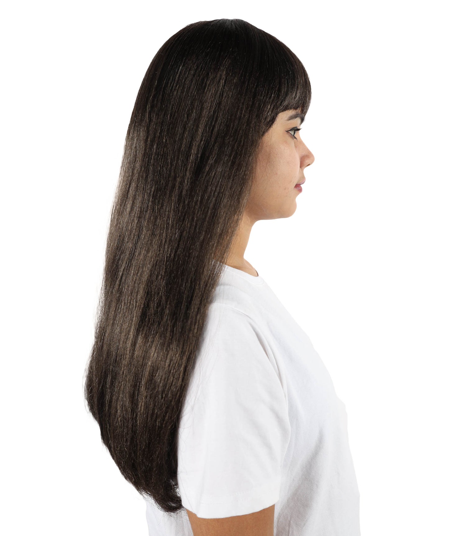 HPO Women’s Long Straight Black Wig with Bangs | Flame-retardant Synthetic Fiber | Classic Retro-Inspired Costume Hairpiece
