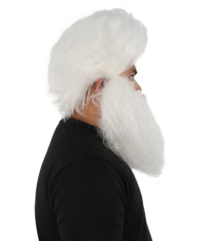 HPO Men's Holiday Character Wig Beard & Mustache Set | Fluffy white synthetic fibers with massive textured facial hair and capless construction | Essential for theatrical stage drag performance costume events and party