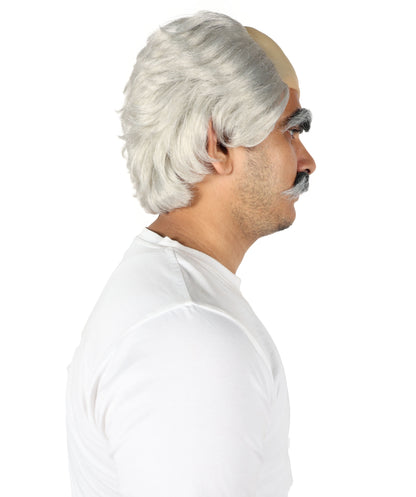HPO Old Men's Short Dark Grey Wig Mustache & Eyebrows Set with Bald Cap | Funny Grandpa Cosplay Wig | Flame-retardant Synthetic Fiber