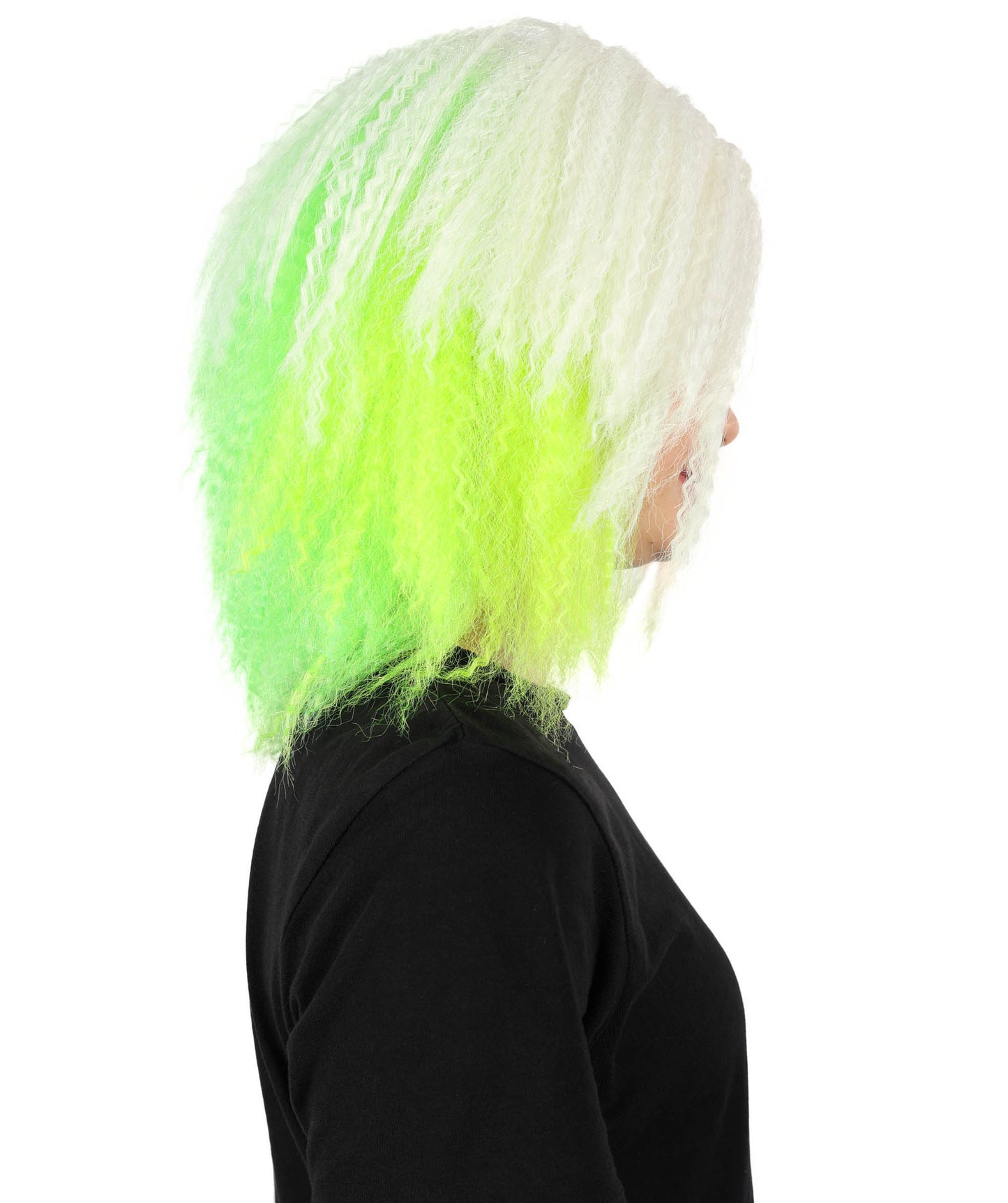HPO Women’s Gothic Ghost-Inspired White and Neon Green Crimped Wig with Volume and Texture | Synthetic Hairpiece for Halloween, Cosplay & Themed Parties |Flame-retardant Synthetic Fiber