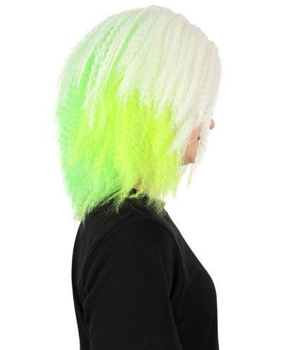 HPO Women’s Gothic Ghost-Inspired White and Neon Green Crimped Wig with Volume and Texture | Synthetic Hairpiece for Halloween, Cosplay & Themed Parties |Flame-retardant Synthetic Fiber