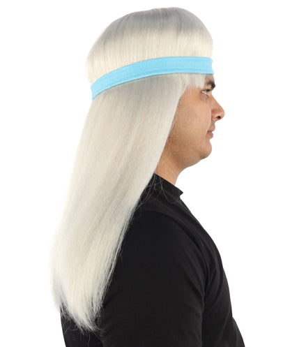 HPO Men's Long Auburn Wig with Headband | Straight Reddish Texture with Blunt Bangs & Included Teal Band, Heat Resistant Fiber | Halloween, Troll Roleplay, Fantasy Party, Carnival & Theater
