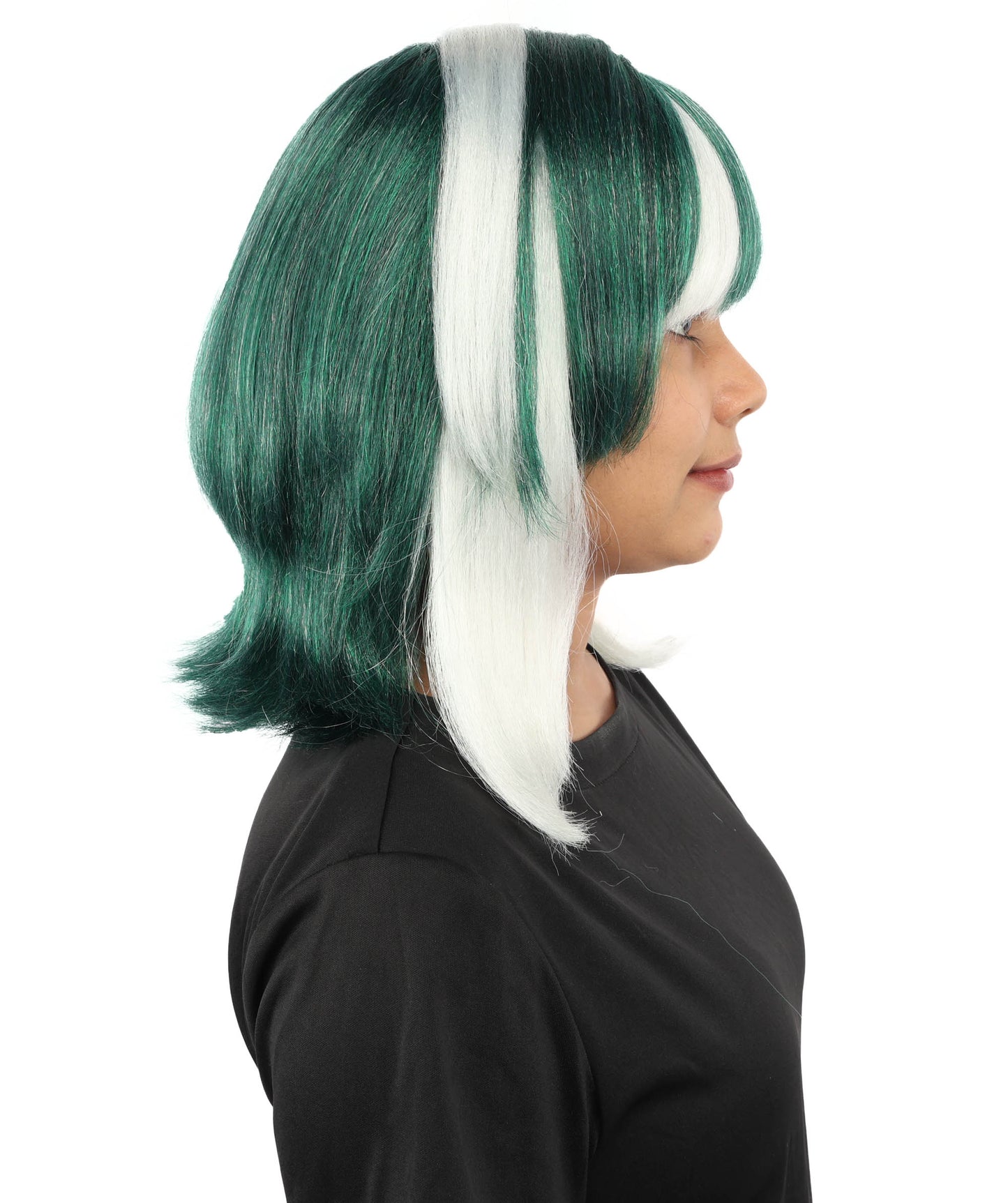 HPO Women's Geometric Character Wig | Deep emerald green with white accents, create of synthetic fiber, sleek straight bob with long framing strands, breathable base | Party, Halloween, theater, drag, performance, costume events