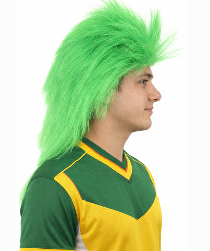 HPO Men's Green and White Sports Wig | Split Color Spiky Mullet Style Flame-retardant Synthetic Fiber | Halloween Themed Party St Patrick's Day Fan Gear