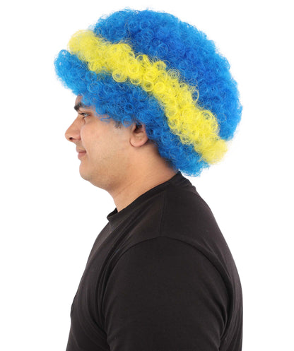 HPO Curacao Flag Afro Wig | 11 Inch Blue Yellow Stripe White Stars Design | Sports Event National Holiday Parade Soccer Match Fan Gear