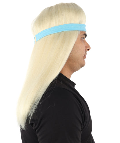 HPO Men's Long Auburn Wig with Headband | Straight Reddish Texture with Blunt Bangs & Included Teal Band, Heat Resistant Fiber | Halloween, Troll Roleplay, Fantasy Party, Carnival & Theater