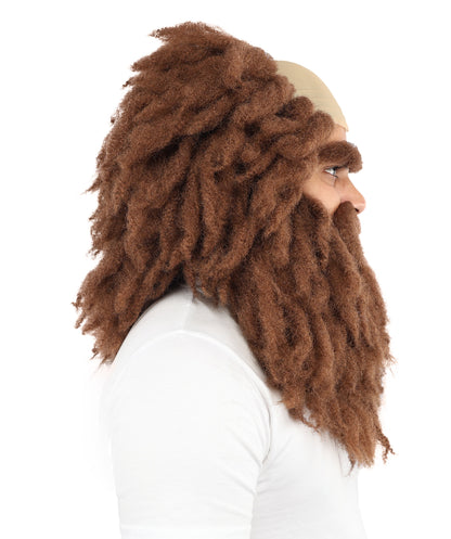 HPO Men's Bushy Brown Curly Beard Moustache Eyebrow and Wig Set | Wild Hair Look Costume Accessory with Bald Cap Design | Synthetic Fiber Wig Ideal for Stage Shows, Dress-Up & Party Events