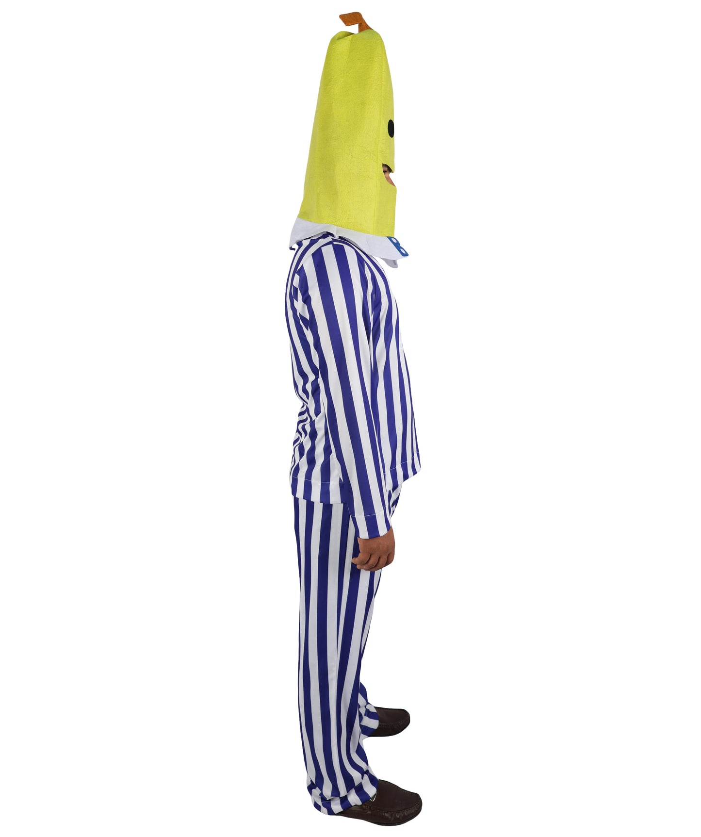 HPO Women's Banana in Pajamas Costume | Classic Blue and White Striped Sleepwear Top and Pants Set Novelty Fruit Character Yellow Mask | Halloween Cosplay Theater Drag Performance Costume Events