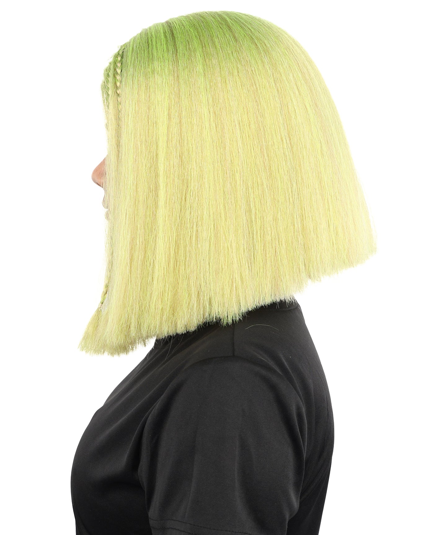 HPO Celebrity-Style 11 Inch Green Rooted Blonde Front Braided Straight Wig | Shoulder-Length Fun, Bold, and Stylish Hairpiece  | Ideal for Halloween, Cosplay, and Themed Parties