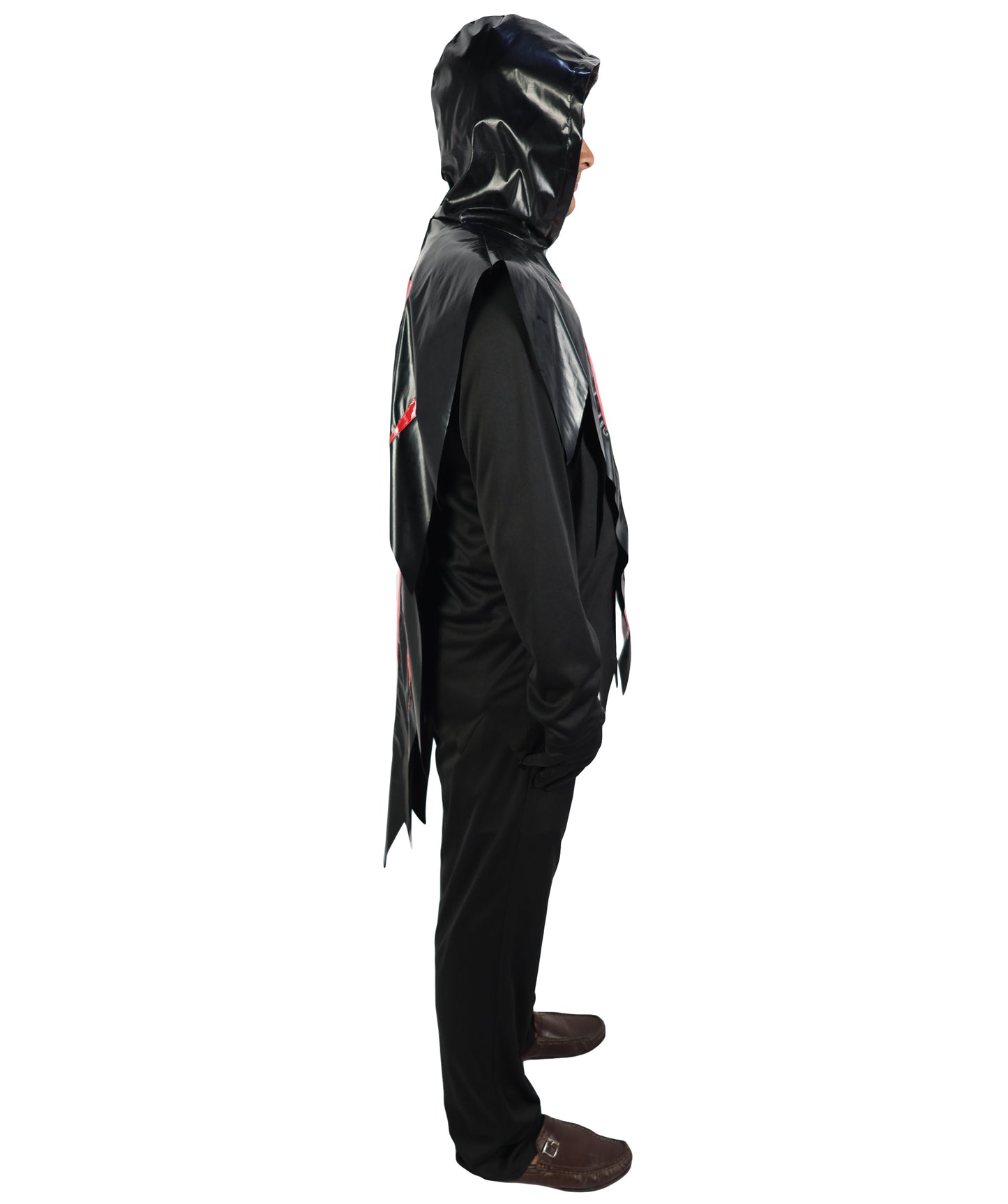 HPO Men's Ghost Slasher Costume | Grim Reaper Style Black Hooded Tunic Jagged Edge Robe Blood Red Ghost Mask | Youth Halloween Cosplay Thriller Horror Theater Performance Costume Events