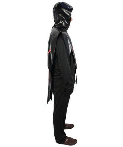 HPO Men's Ghost Slasher Costume | Grim Reaper Style Black Hooded Tunic Jagged Edge Robe Blood Red Ghost Mask | Youth Halloween Cosplay Thriller Horror Theater Performance Costume Events