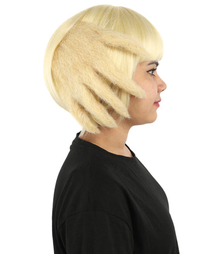 HPO Women's Sculpted Hand Bob Wig | Pale champagne blonde hue, create of synthetic fiber, 10-inch sleek bob with integrated hair-sculpted hands, breathable base | Party, Halloween, theater, drag, performance, costume events