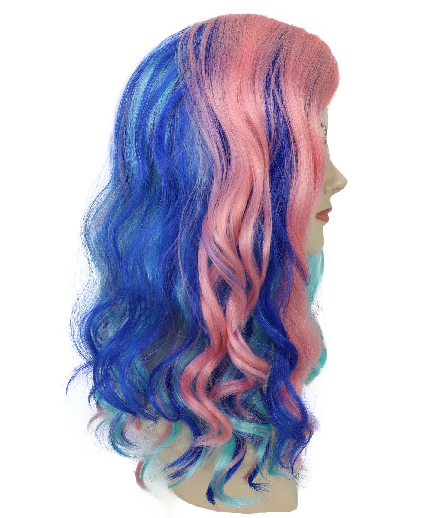 HPO Adult Vibrant Ombre Pink and Blue Water Ripple Curly Wig| Ideal for Halloween | Breathable Capless Cap